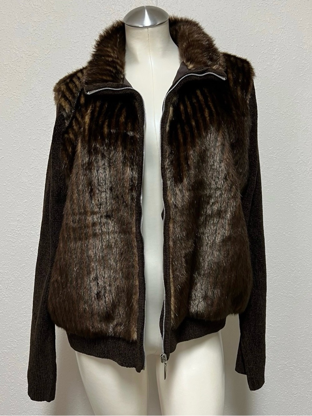 VINTAGE Y2K Women's Brown Faux Fur Sweater Sleeve Zip Up Jacket Sz L